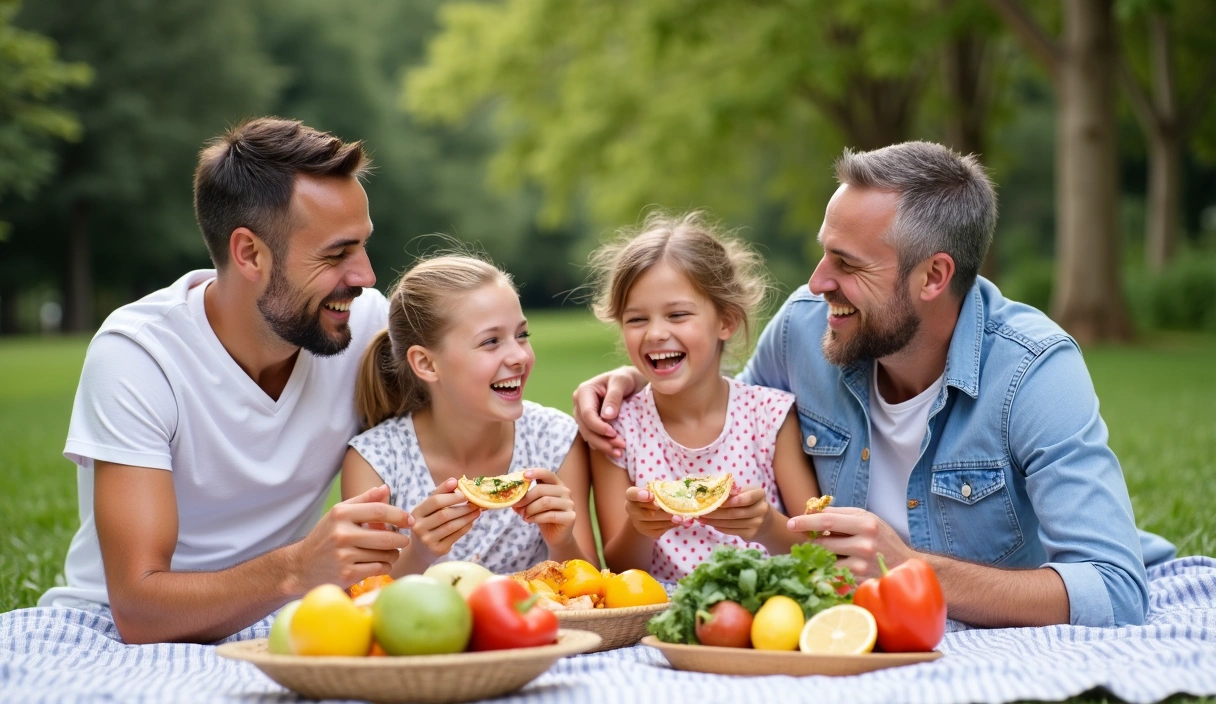 Familia feliz comiendo saludablemente en un picnic al aire libre, riendo y disfrutando de frutas y verduras frescas.
