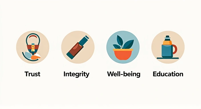 Ilustración de varios iconos abstractos representando confianza, integridad, bienestar y educación